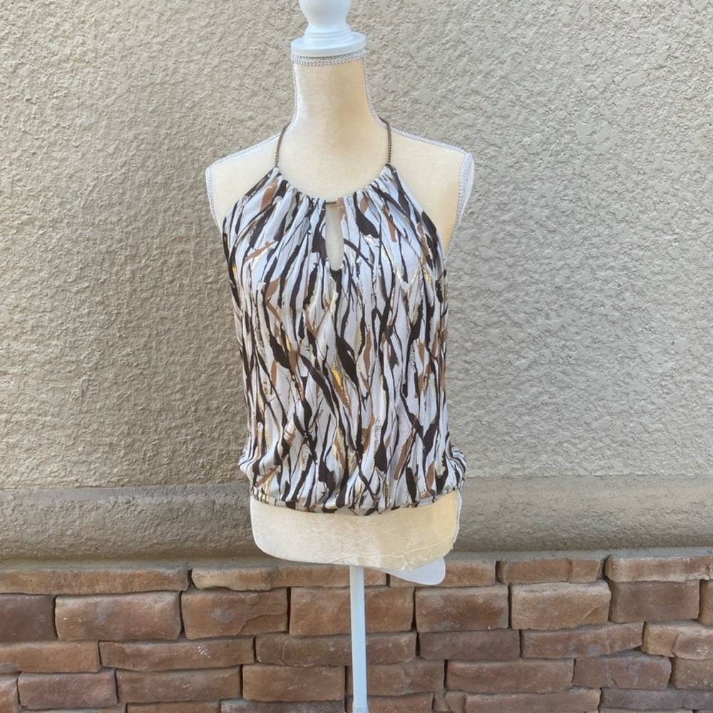 GUC Express Metallic Print Halter Top | Open Back | Brown Gold Tan | Sz M
